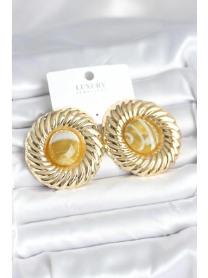 Twin Store Pirinç Gold Renk Kehribar Boncuklu Kadın Küpe