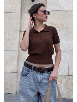 Madmext Kahverengi Slim Fit Polo Yaka Triko Tişört MG2805