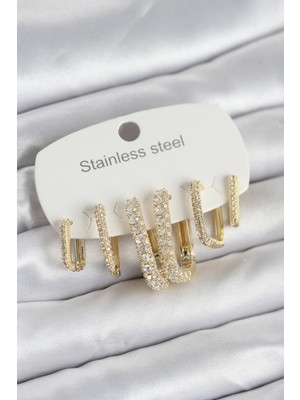 Twin Store Çelik Gold Renk 6'lı Set Zirkon Taşlı Kadın Küpe