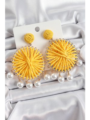 Twin Store Sarı Hasır Örgü Sarmal Model Sallantılı Inci Detaylı Gold Renk Kadın Küpe