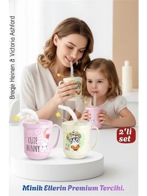 Twin Store 2'li Set | Pipetli Kupa Kulplu Çocuk Bardağı - Anti-Damla Kapaklı - 350 ml Alıştırma