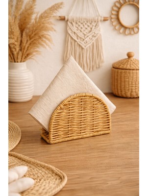 Mis Kitchen Doğal Rattan Hasır Peçetelik Boho Dekoratif Masa Peçete Tutucu Organizer