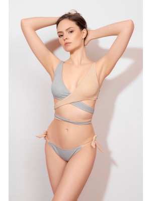 Lovekini Lia Grey Nude Bikini With Silver Stripes Details