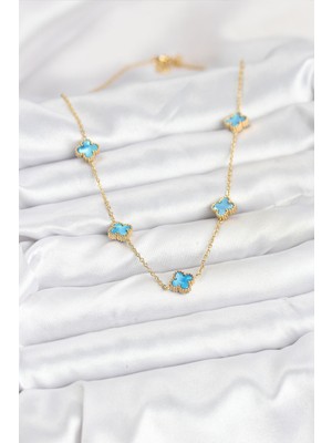 Hobibahçem 316L Çelik Zincir Gold Renk Buz Mavisi Baby Boy Yonca Kadın Kolye