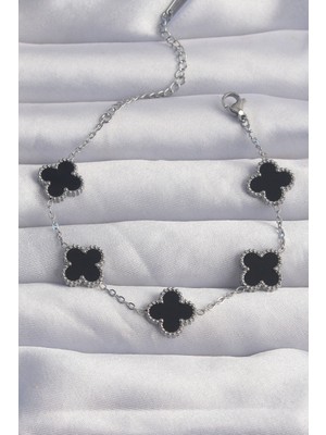 Hobibahçem 316L Çelik Gümüş Renk Siyah Mineli Yonca Bileklik