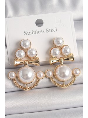 Twin Store Pirinç Gold Renk Incili Çapa Model Kadın Küpe - TJ-BKP10063