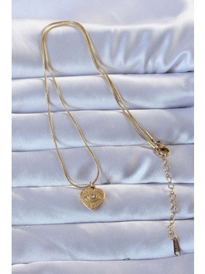 Hobibahçem 316L Altın Renk Zirkon Taşlı Işlemeli Göz Detay Kalp Kolye