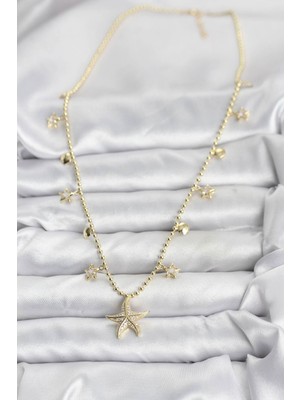 Hobibahçem Pirinç Gold Renk Zirkon Taşlı Deniz Yıldızı Model Kadın Kolye