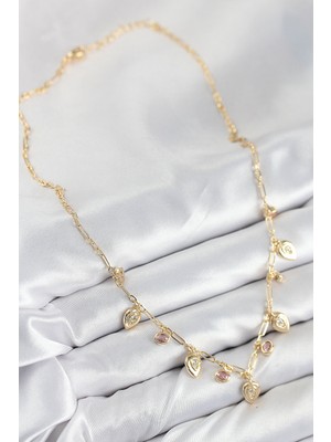 Hobibahçem Pirinç Zirkon Taşlı Sallantılı Damla Model Gold Renk Kadın Kolye