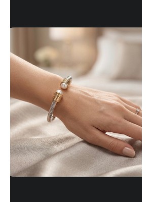 My Balli Store Gümüş ve Gold Detaylı Inci Uçlu Burgu Kelepçe Çelik Bileklik