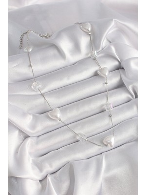 Hobibahçem Pirinç Gümüş Renk Beyaz Inci Kalp Model Kadın Kolye