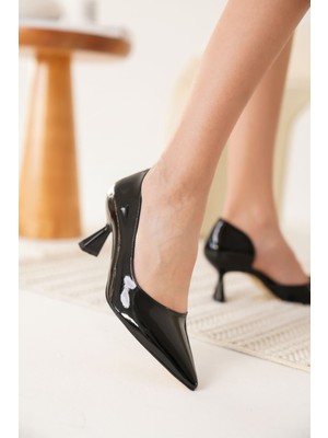 Zerenyus Moguer Premium Sivri Burun Siyah Rugan Stiletto 6 cm