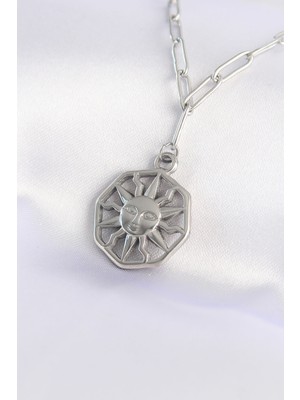 Twin Store Çelik Zincir Gümüş Renk Güneş Kolye - TJ-BKO8645