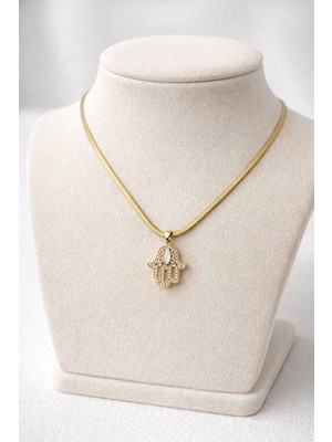 Hobibahçem Zirkon Taşlı Hamsa Fatma Eli Gold Çelik Kolye Model 2 – Kararmaz, Alerji Yapmaz Zarif Kadın Kolyesi