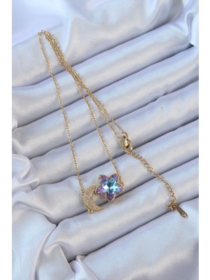 Hobibahçem 316L Çelik Zincir Altın Renk Ay Tasarımlı Renkli Zirkon Taşlı Çiçek Kolye