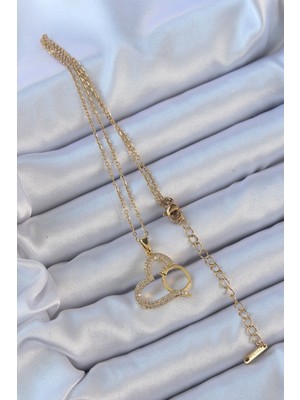 Hobibahçem 316L Çelik Zincir Altın Renk Zirkon Taşlı Yüzüklü Kalp Kolye