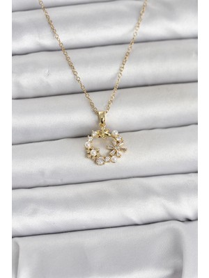 Hobibahçem 316L Çelik Zincir Gold Renk Incili Çiçek Model Kadın Koyle