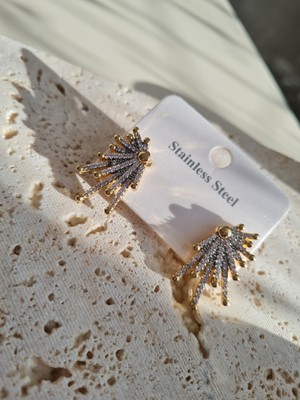 Stainles Steel Çelik Taşlı Işın Form Gold Küpe