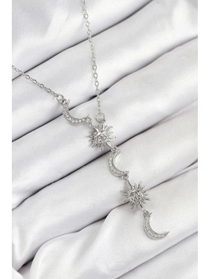 Twin Store Çelik Zirkon Taşlı Güneş Ay Model Gümüş Renk Kadın Kolye - TJ-BKO10549