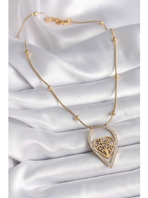 Hobibahçem 316L Çelik Gold Renk Zirkon Taşlı Detaylı Kalp Fidan Model Kadın Kolye