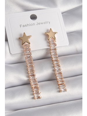 Twin Store Pirinç Gold Renk Yıldız Model Su Yolu Zirkon Taşlı Kadın Küpe - TJ-BKP9626