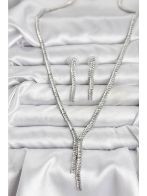 Twin Store Gümüş Renk Baget Zirkon Taşlı Kadın Kolye Küpe Set - TJ-BKO10637