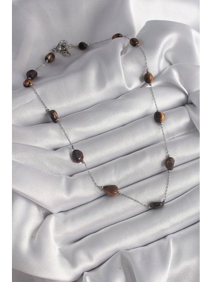 Hobibahçem 316L Çelik Gümüş Renk Zincir Kahverengi Doğaltaş Model Kadın Kolye