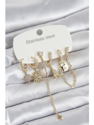 Hobibahçem 316L Çelik Gold Renk 6'LI Set Charmlı Kadın Küpe