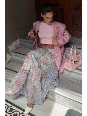 Madmext Ekru Çiçek Desenli Vintage Şifon Maxi Etek MG2776