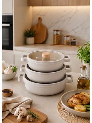 Neoflam Fika Bej 3'lü Kapaklı Sahan Seti 18-20-22 cm