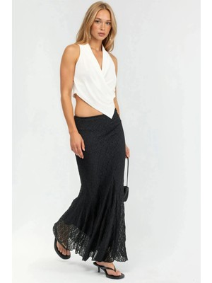 Hiccup Kadınlar Qu Style Yüksek Bel Dantel Maxi Etek Yırtmaçlı Siyah