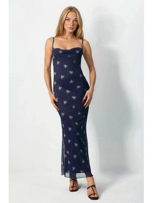 Hiccup Kadınlar Desenli Askılı Bodycon Maxi Elbise Lacivert