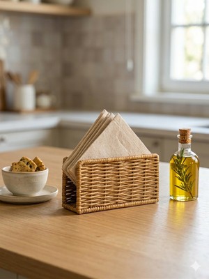 Mis Kitchen Rattan Hasır Peçetelik Masaüstü Peçete Tutucu Dekoratif Mutfak Peçeteliği