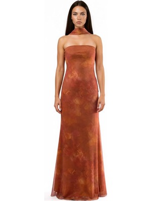 Hiccup Kadınlar Straplez Çiçek Desenli Tül Kuşaklı Bodycon Maxi Elbise Parlak Turuncu