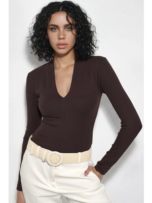 Hiccup Kadınlar Busem Slim Fit V Yaka Uzun Kollu Bluz Kahve Kahvesi