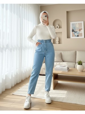 Moda Morfo Beli Lastikli Yüksek Bel Kot Pantolon     -Açık Mavi
