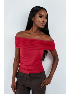 Hiccup Kadınlar Busem Asimetrik Sırt Dekolteli Bluz Kırmızı