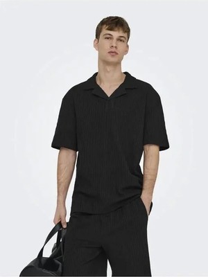 Only & Sons Onsaustin Rlx Ss Seersucker Resort Polo T-Shirt Erkek Polo T-Shirt Siyah (22038187)