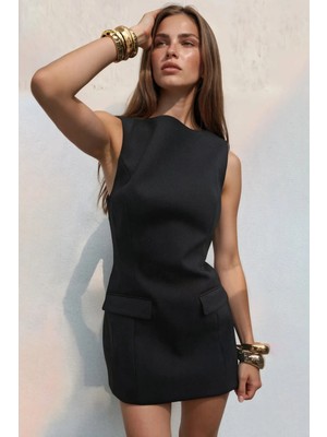 Hiccup Kadınlar Cep Detaylı Mini Bengalin Elbise Siyah
