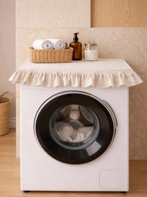 NDC Home Fırfırlı Çamaşır Makinesi Örtüsü - Çeyizlik Dekoratif Banyo Makine Kılıfı- Krem