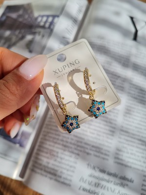 Xuping Jewelry Mavi Taşlı Yıldız Sallantılı Altın Kaplama – Kadın Çelik Küpe