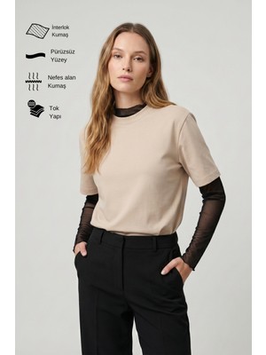 Allunique Kadın Interlok Pamuklu Bisiklet Yaka Bej T-Shirt