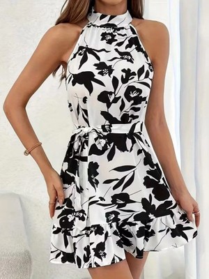 Mareandpanda Kadın Omuzlardan Açık Balıkçı Yakalı Kuşaklı Desenli Kısa Süprem Elbise