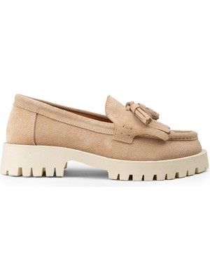 Deery Kadın Hakiki Süet Bej Püsküllü Loafer - 02033ZBEJC01