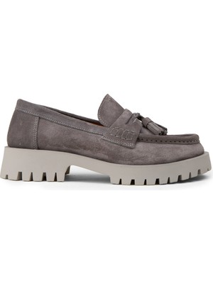 Deery Kadın Hakiki Süet Gri Püsküllü Loafer - 02035ZGRIC01