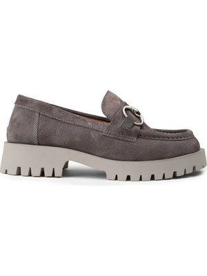 Deery Kadın Hakiki Süet Gri Tokalı Loafer - 02037ZGRIC01