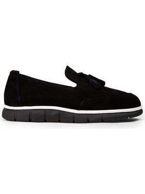 Deery Erkek Hakiki Süet Siyah Püsküllü Loafer - 02048MSYHE01