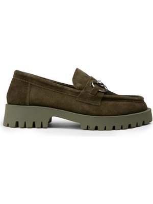 Deery Kadın Hakiki Süet Yeşil Tokalı Loafer - 02037ZYSLC03