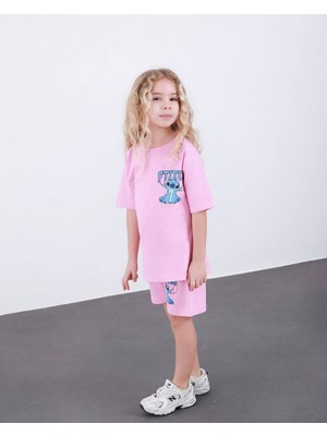 Kız Çocuk Stitch Baskılı Şortlu Takım Pembe Yazlık 2’li Kombin