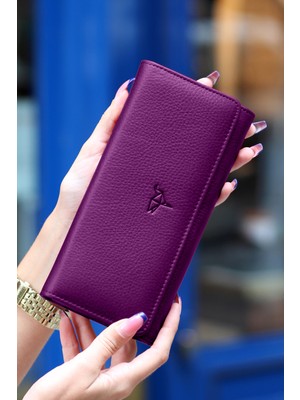 Garbalia Angel Mürdüm Renkli Hakiki Deri Cep Telefonu Bölmeli Kadın Cüzdanı Çıtçıtlı Kapama